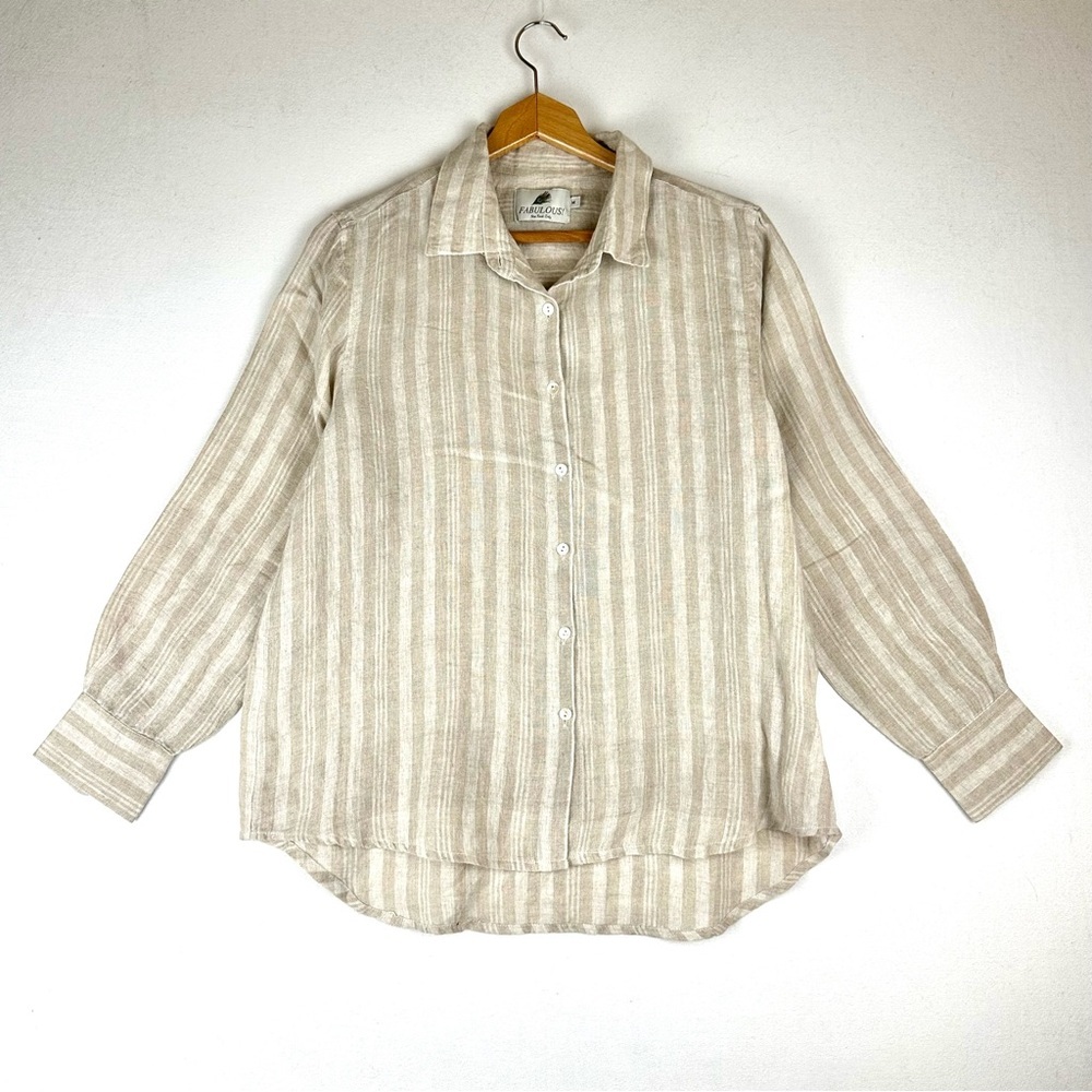 Fabulous 100% Linen Stripe Button Down Shirt Resort Coastal Neutral